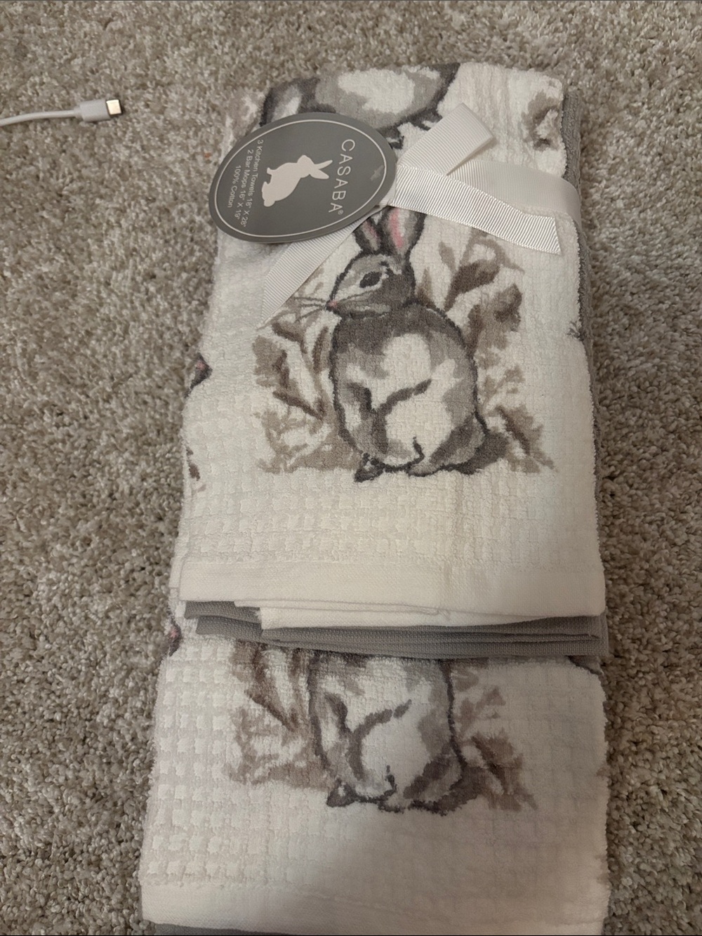 Casaba Bunny Tea Towels in White and Gray Set of 5 towels